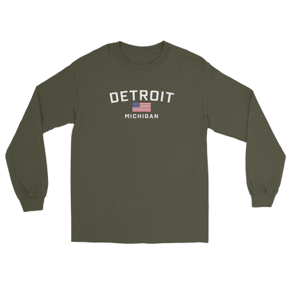 'Detroit Michigan' T-Shirt (w/USA Flag Outline) | Unisex Long Sleeve - Circumspice Michigan