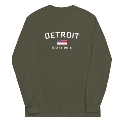 'Détroit États Unis' T-Shirt (w/USA Flag Outline) | Unisex Long Sleeve - Circumspice Michigan