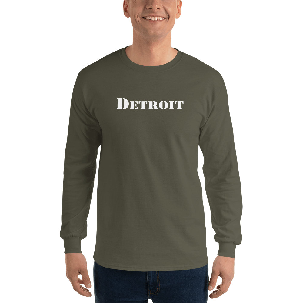 'Detroit' T-Shirt (Army Stencil Font) | Unisex Long Sleeve - Circumspice Michigan