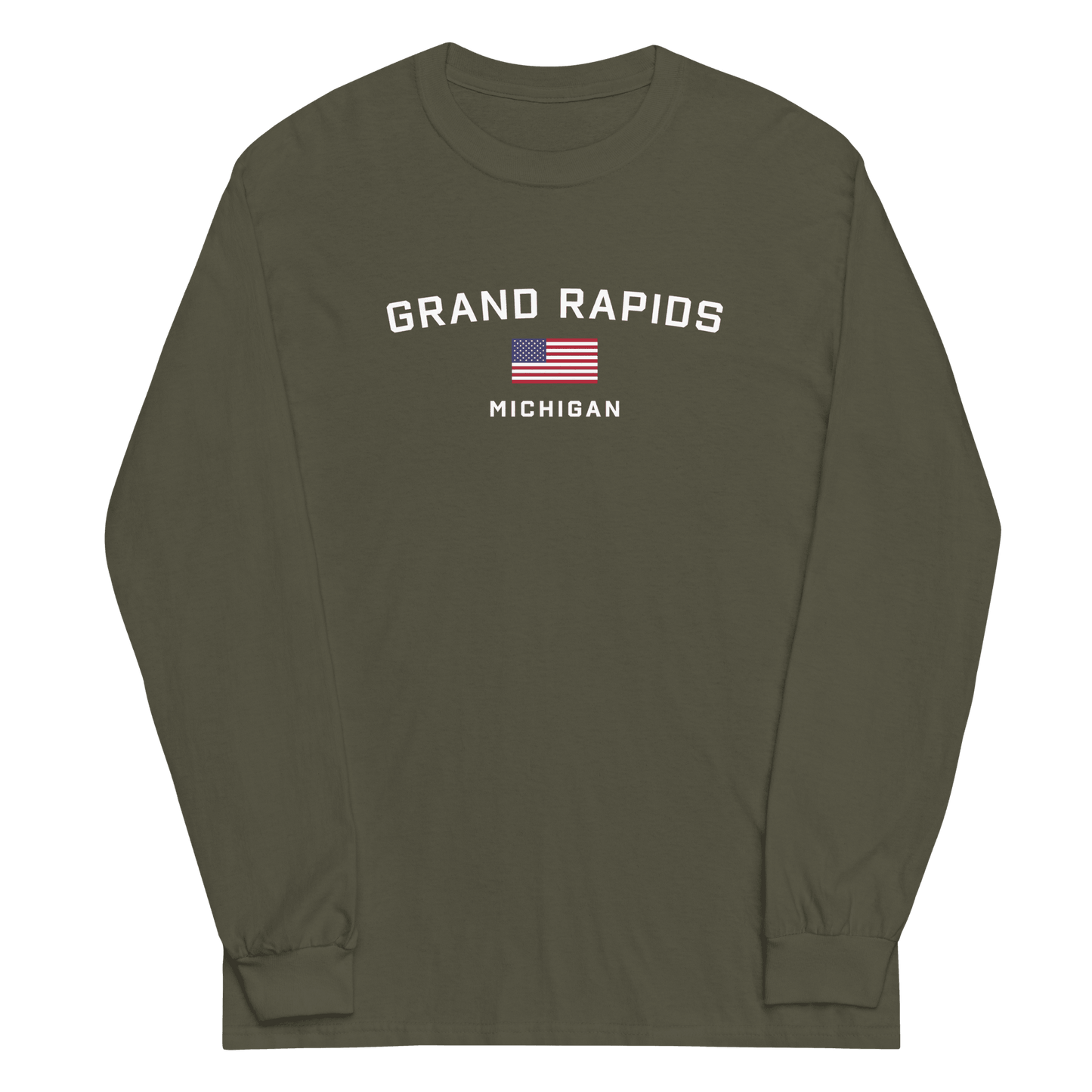 'Grand Rapids Michigan' T-Shirt (w/USA Flag Outline) | Unisex Long Sleeve - Circumspice Michigan