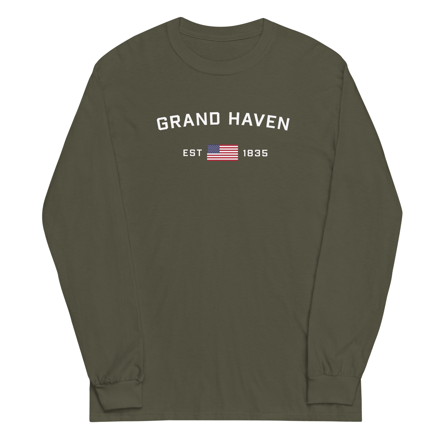 'Grand Haven EST 1835' T-Shirt (w/USA Flag Outline) | Unisex Long Sleeve - Circumspice Michigan