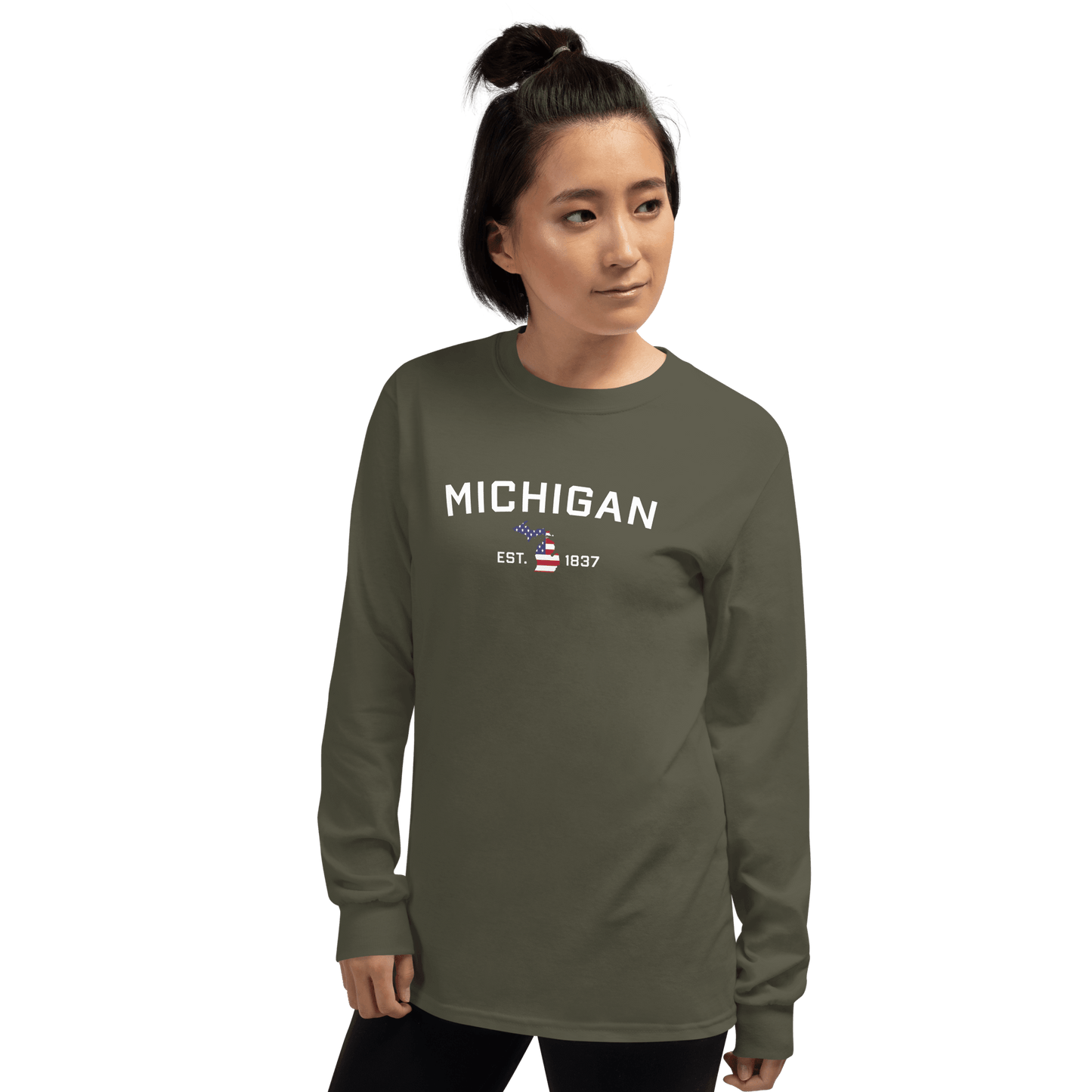 'Michigan EST 1837'  T-Shirt (w/ MI USA Flag Outline) | Unisex Long Sleeve - Circumspice Michigan