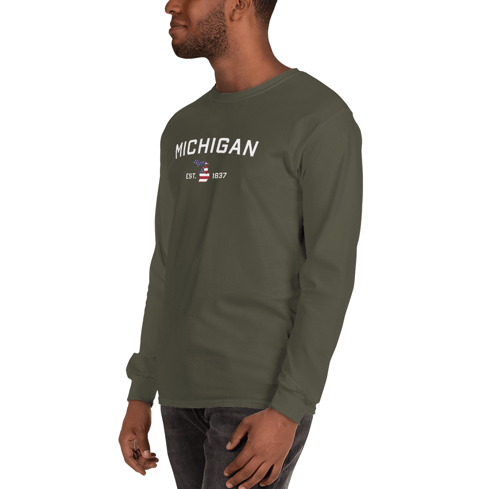 'Michigan EST 1837'  T-Shirt (w/ MI USA Flag Outline) | Unisex Long Sleeve - Circumspice Michigan