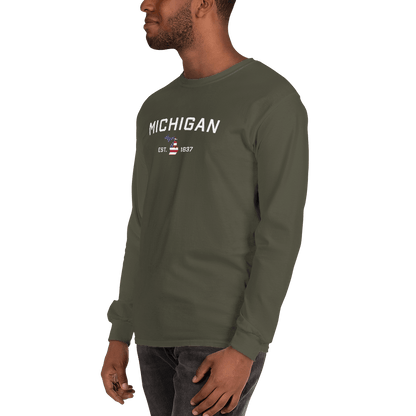 'Michigan EST 1837'  T-Shirt (w/ MI USA Flag Outline) | Unisex Long Sleeve - Circumspice Michigan