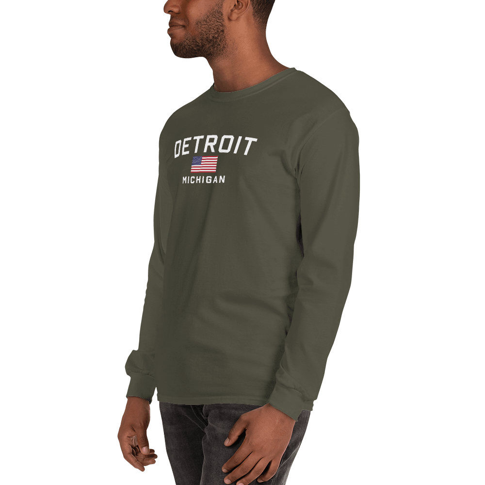 'Detroit Michigan' T-Shirt (w/USA Flag Outline) | Unisex Long Sleeve - Circumspice Michigan