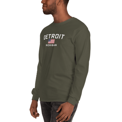 'Detroit Michigan' T-Shirt (w/USA Flag Outline) | Unisex Long Sleeve - Circumspice Michigan