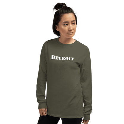 'Detroit' T-Shirt (Army Stencil Font) | Unisex Long Sleeve - Circumspice Michigan