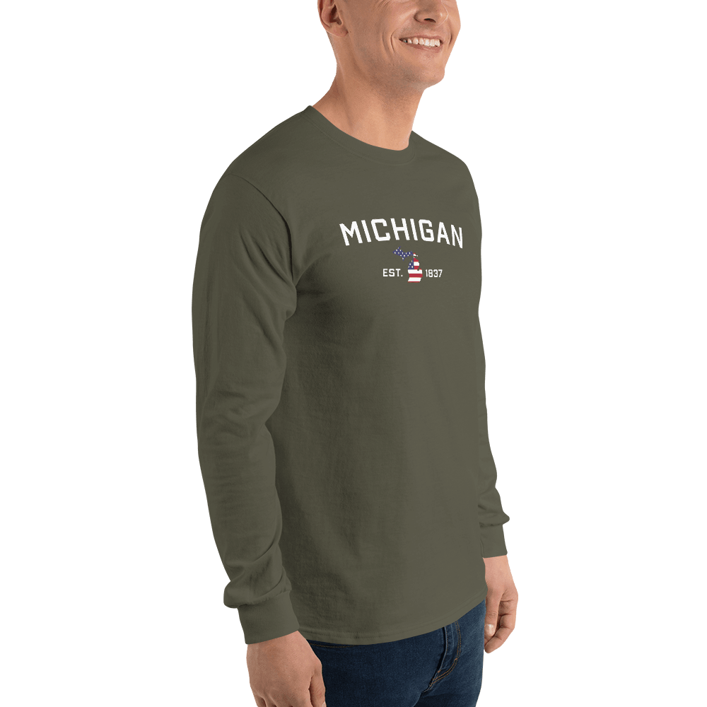 'Michigan EST 1837'  T-Shirt (w/ MI USA Flag Outline) | Unisex Long Sleeve - Circumspice Michigan