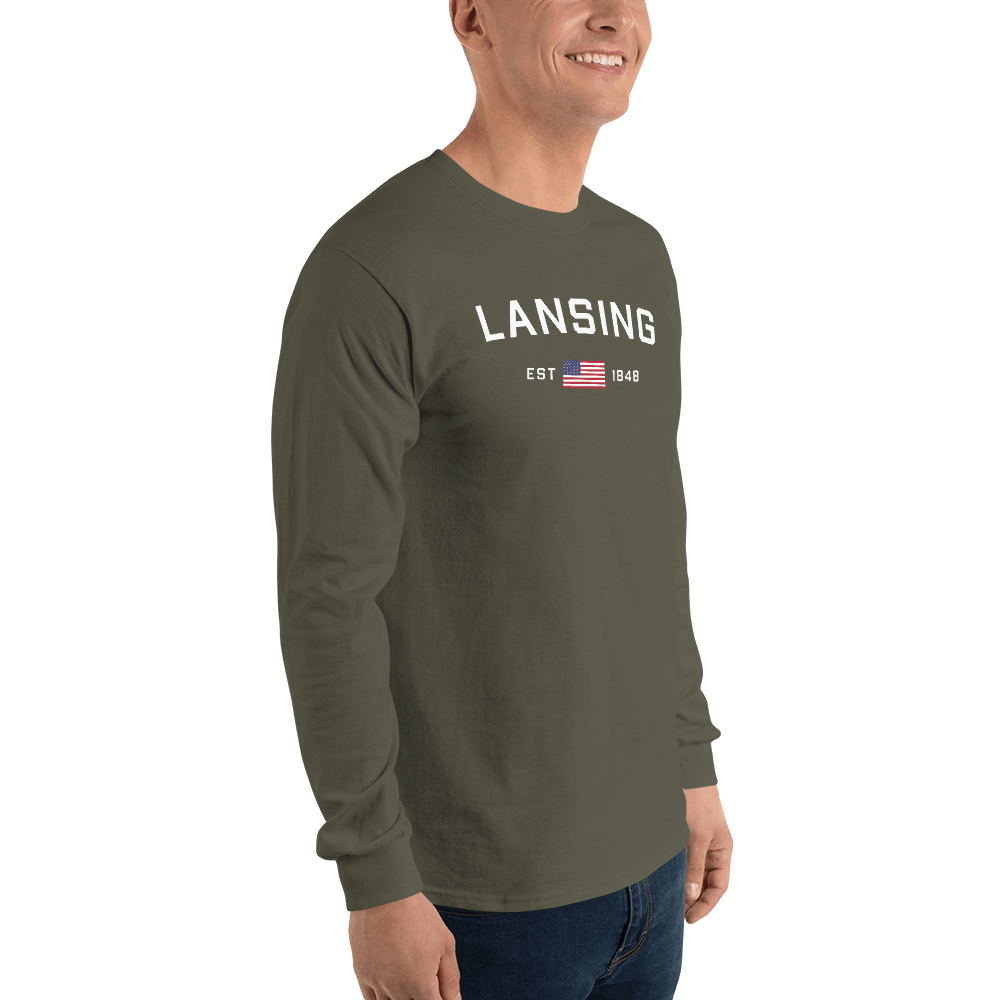 'Lansing EST 1848' T-Shirt (w/USA Flag Outline) | Unisex Long Sleeve - Circumspice Michigan