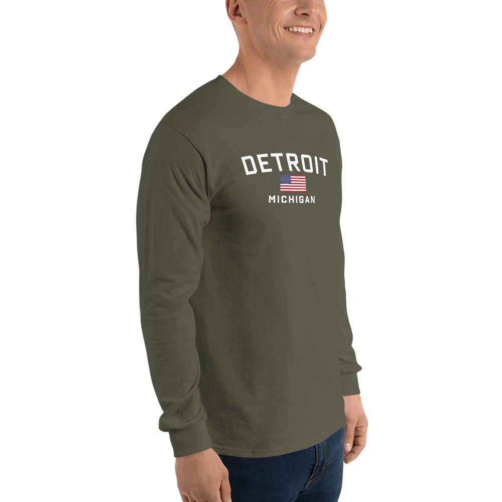 'Detroit Michigan' T-Shirt (w/USA Flag Outline) | Unisex Long Sleeve - Circumspice Michigan