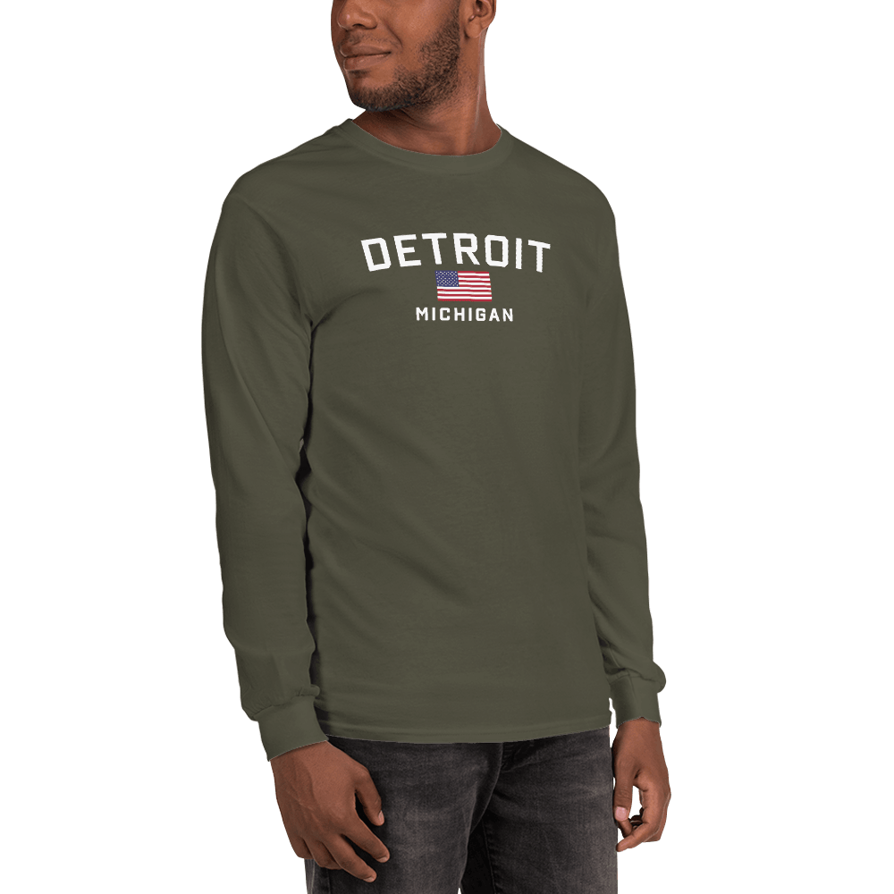 'Detroit Michigan' T-Shirt (w/USA Flag Outline) | Unisex Long Sleeve - Circumspice Michigan