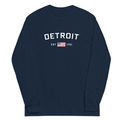 'Detroit EST 1701' T-Shirt (w/ USA Flag Outline) | Unisex Long Sleeve - Circumspice Michigan