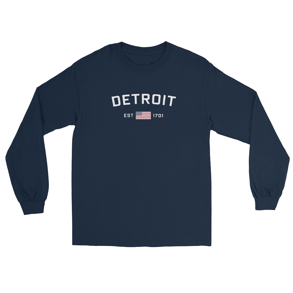 'Detroit EST 1701' T-Shirt (w/ USA Flag Outline) | Unisex Long Sleeve - Circumspice Michigan