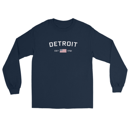 'Detroit EST 1701' T-Shirt (w/ USA Flag Outline) | Unisex Long Sleeve - Circumspice Michigan