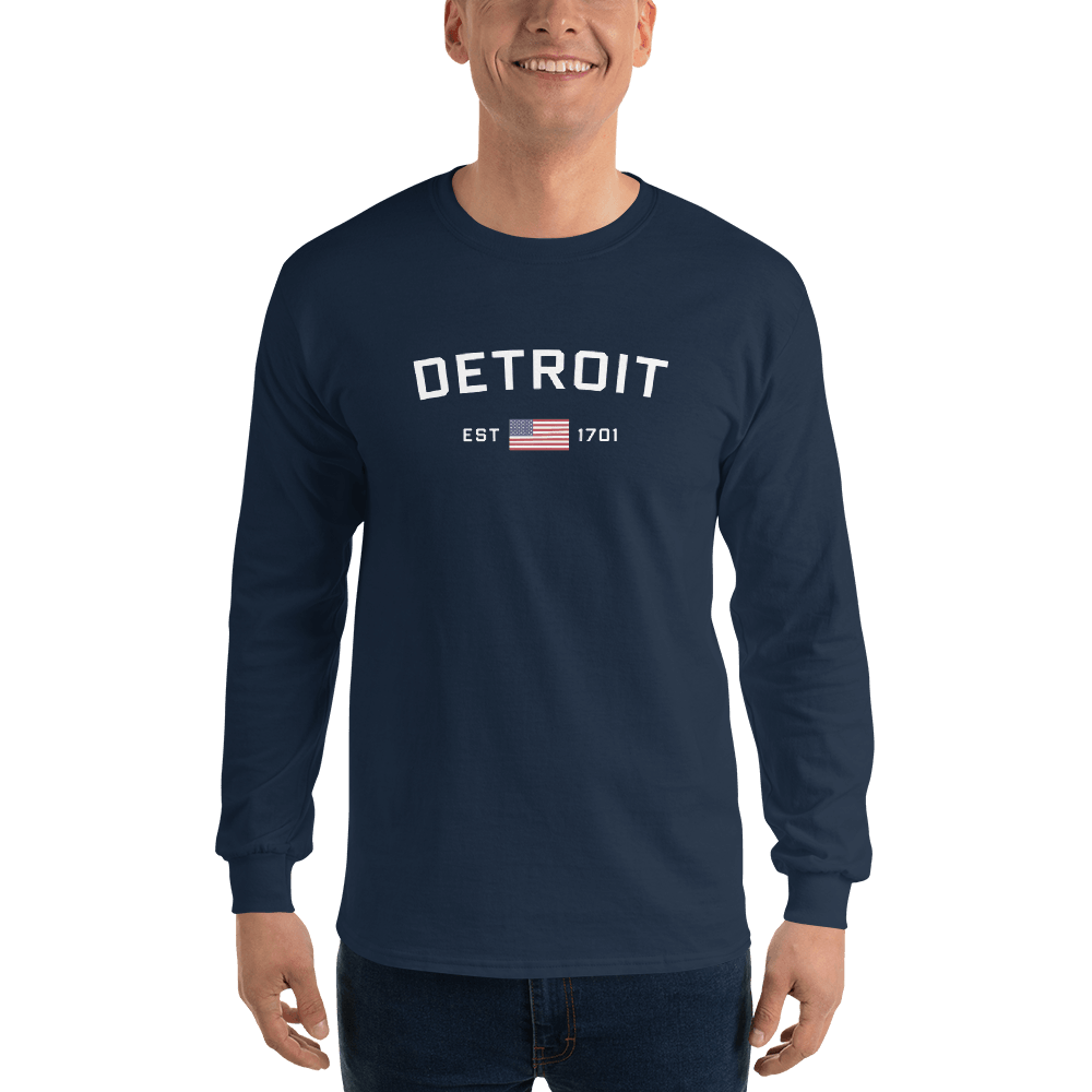 'Detroit EST 1701' T-Shirt (w/ USA Flag Outline) | Unisex Long Sleeve - Circumspice Michigan