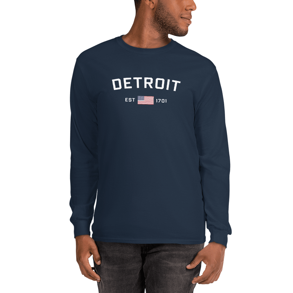 'Detroit EST 1701' T-Shirt (w/ USA Flag Outline) | Unisex Long Sleeve - Circumspice Michigan