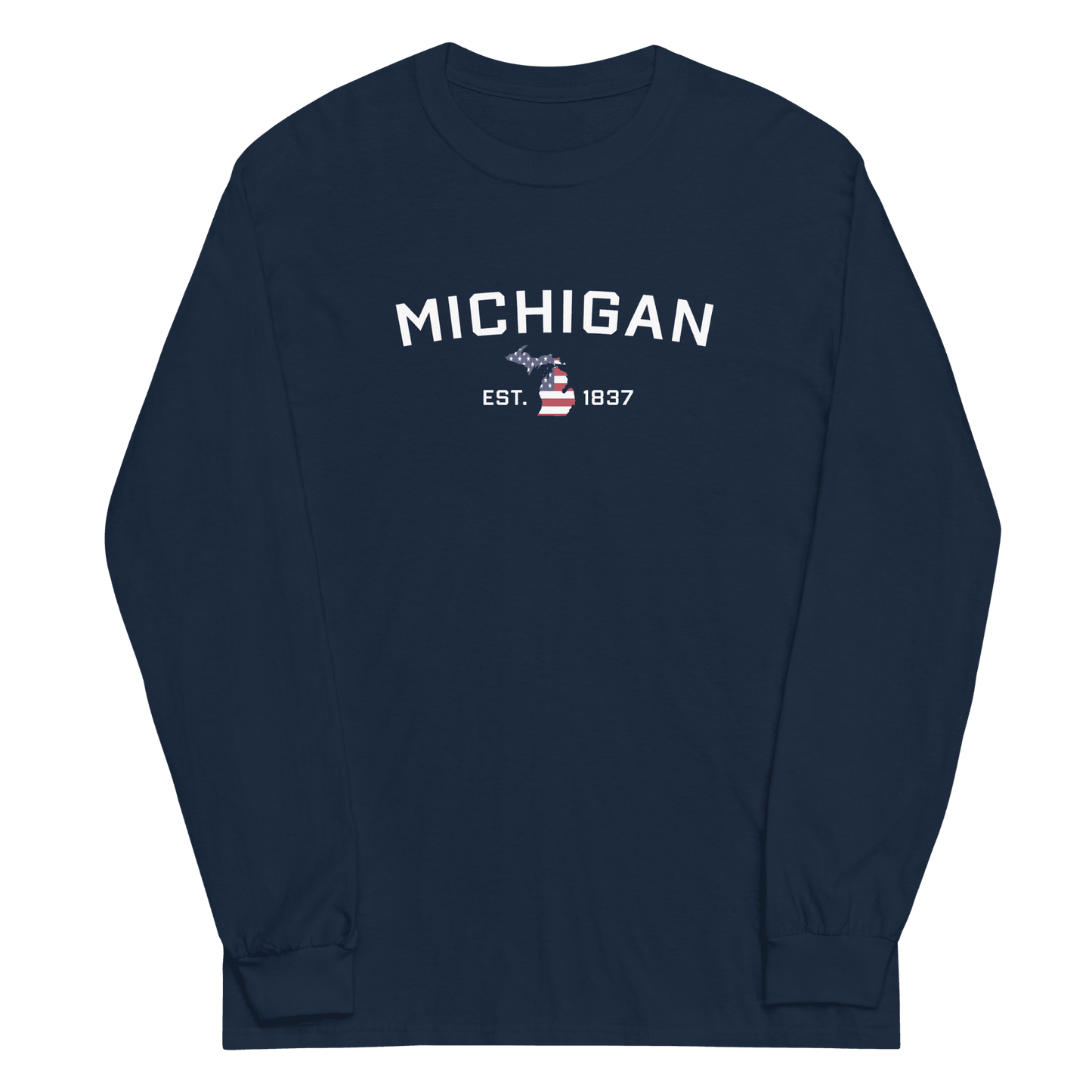 'Michigan EST 1837'  T-Shirt (w/ MI USA Flag Outline) | Unisex Long Sleeve - Circumspice Michigan