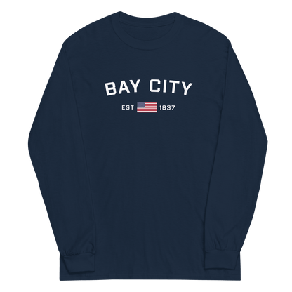 'Bay City EST 1837' T-Shirt (w/ USA Flag Outline) | Unisex Long Sleeve - Circumspice Michigan