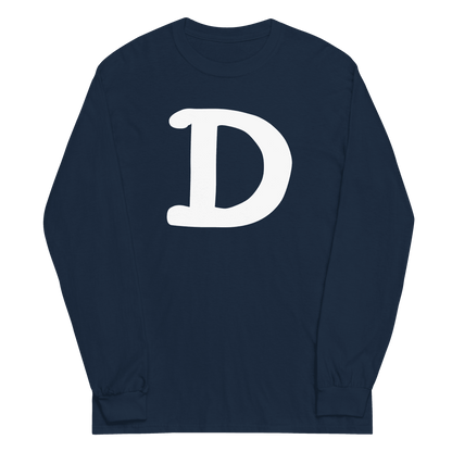 Detroit 'Old French D' T-Shirt (White/Navy Full Body Outline) | Unisex Long Sleeve - Circumspice Michigan