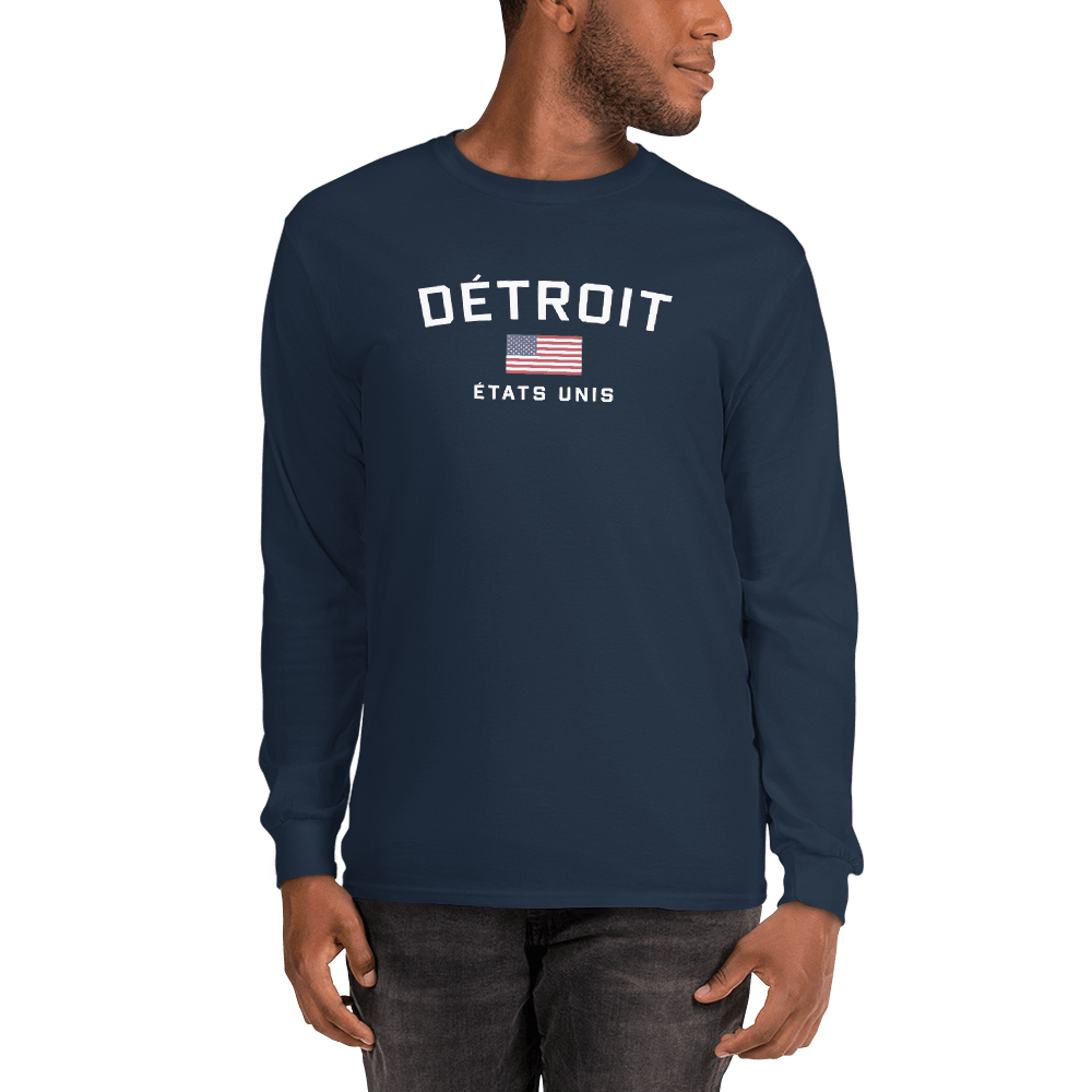 'Détroit États Unis' T-Shirt (w/USA Flag Outline) | Unisex Long Sleeve - Circumspice Michigan