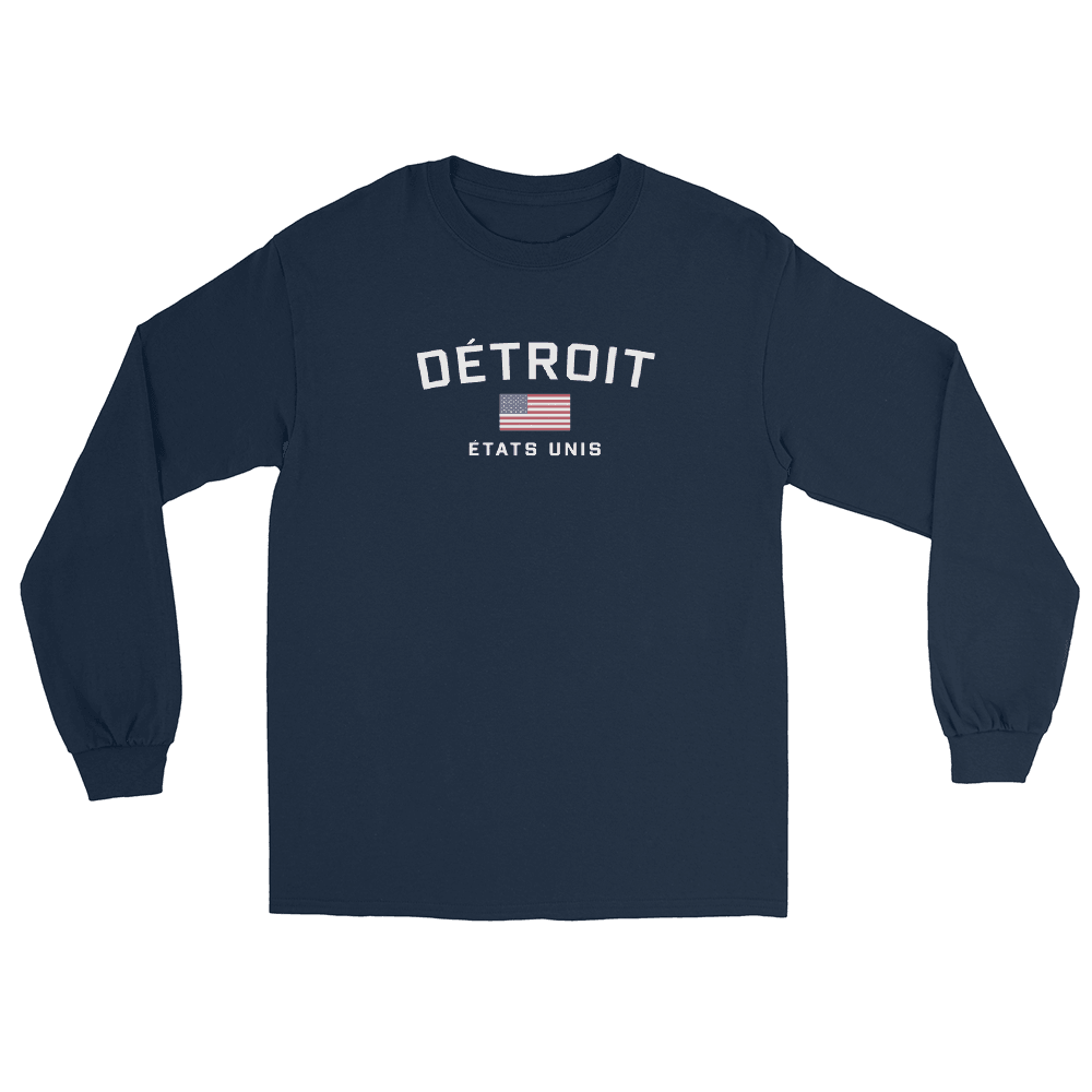 'Détroit États Unis' T-Shirt (w/USA Flag Outline) | Unisex Long Sleeve - Circumspice Michigan