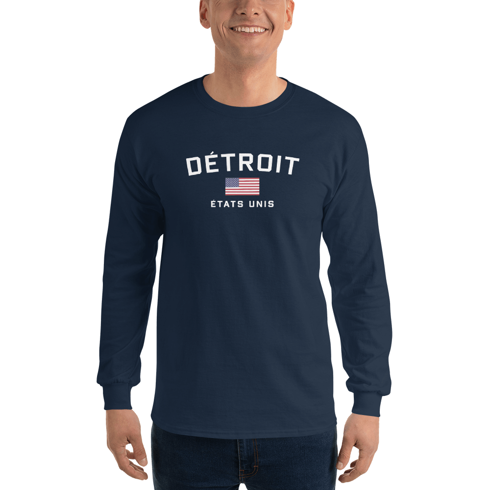 'Détroit États Unis' T-Shirt (w/USA Flag Outline) | Unisex Long Sleeve - Circumspice Michigan