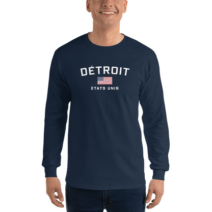 'Détroit États Unis' T-Shirt (w/USA Flag Outline) | Unisex Long Sleeve - Circumspice Michigan