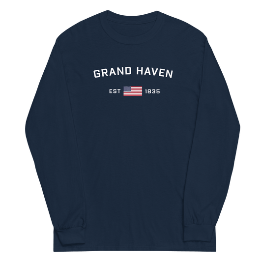 'Grand Haven EST 1835' T-Shirt (w/USA Flag Outline) | Unisex Long Sleeve - Circumspice Michigan