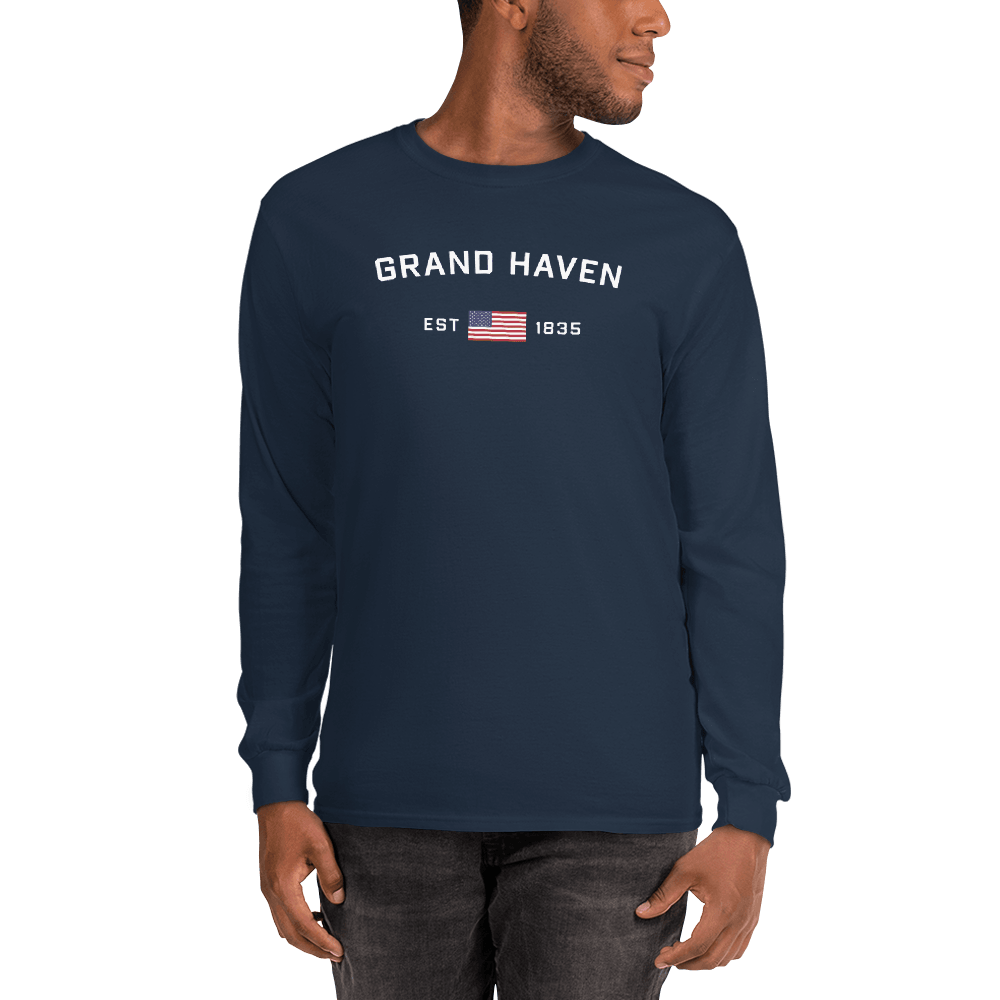 'Grand Haven EST 1835' T-Shirt (w/USA Flag Outline) | Unisex Long Sleeve - Circumspice Michigan