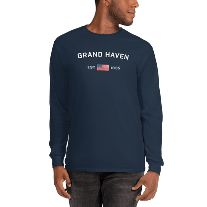 'Grand Haven EST 1835' T-Shirt (w/USA Flag Outline) | Unisex Long Sleeve - Circumspice Michigan