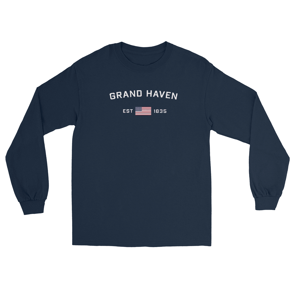 'Grand Haven EST 1835' T-Shirt (w/USA Flag Outline) | Unisex Long Sleeve - Circumspice Michigan