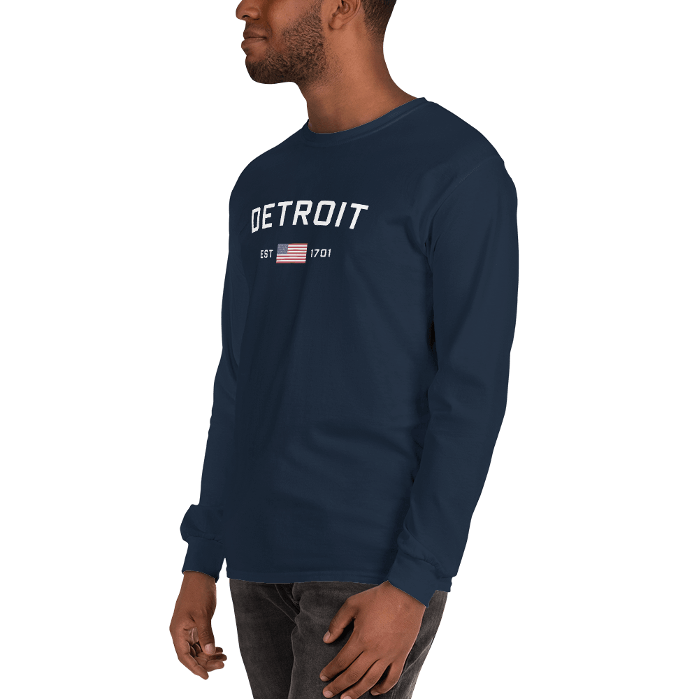 'Detroit EST 1701' T-Shirt (w/ USA Flag Outline) | Unisex Long Sleeve - Circumspice Michigan