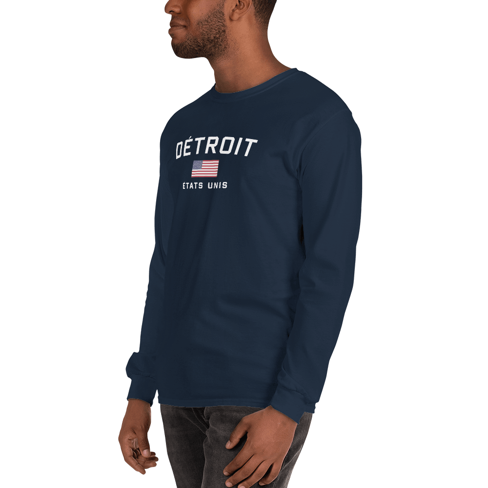 'Détroit États Unis' T-Shirt (w/USA Flag Outline) | Unisex Long Sleeve - Circumspice Michigan