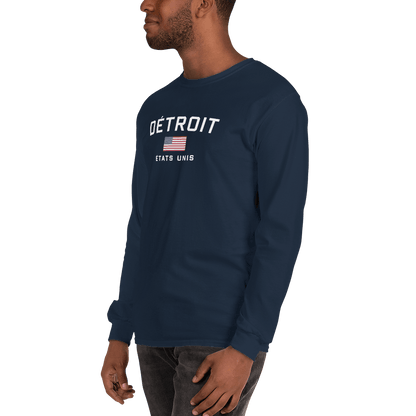 'Détroit États Unis' T-Shirt (w/USA Flag Outline) | Unisex Long Sleeve - Circumspice Michigan