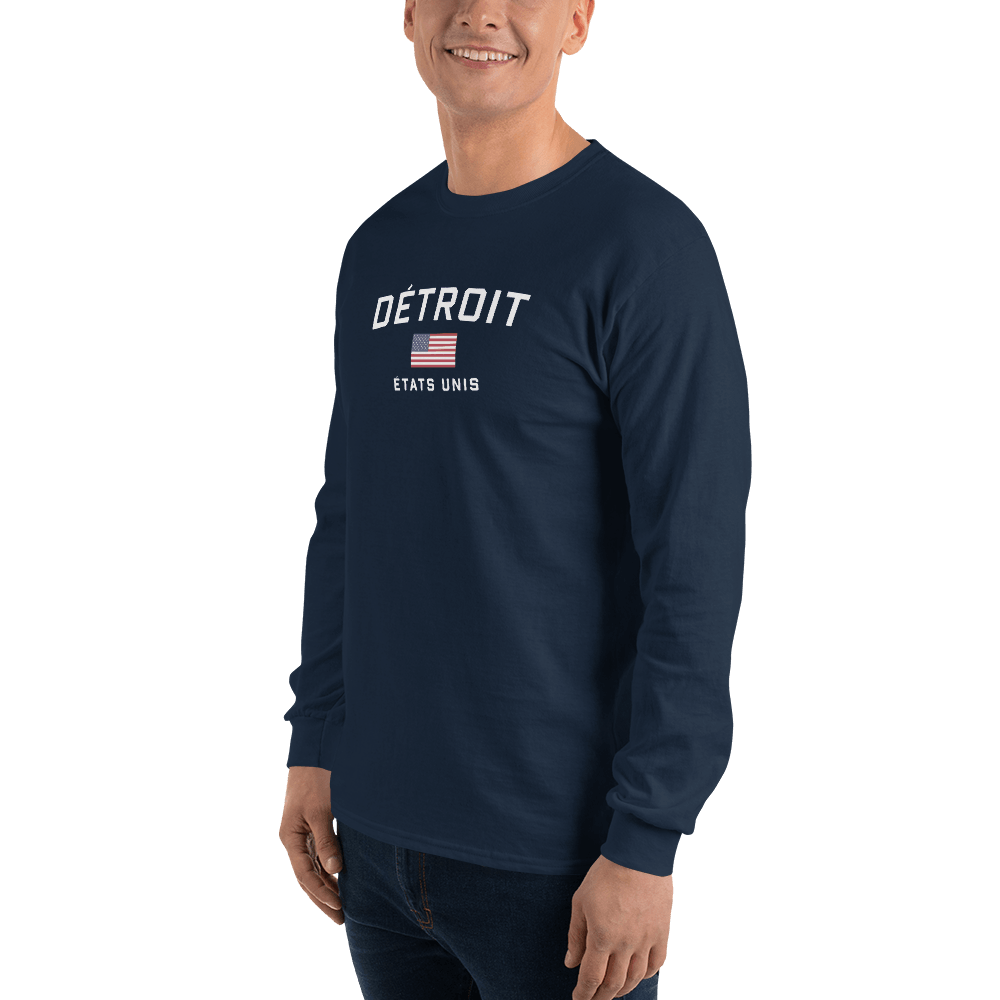 'Détroit États Unis' T-Shirt (w/USA Flag Outline) | Unisex Long Sleeve - Circumspice Michigan