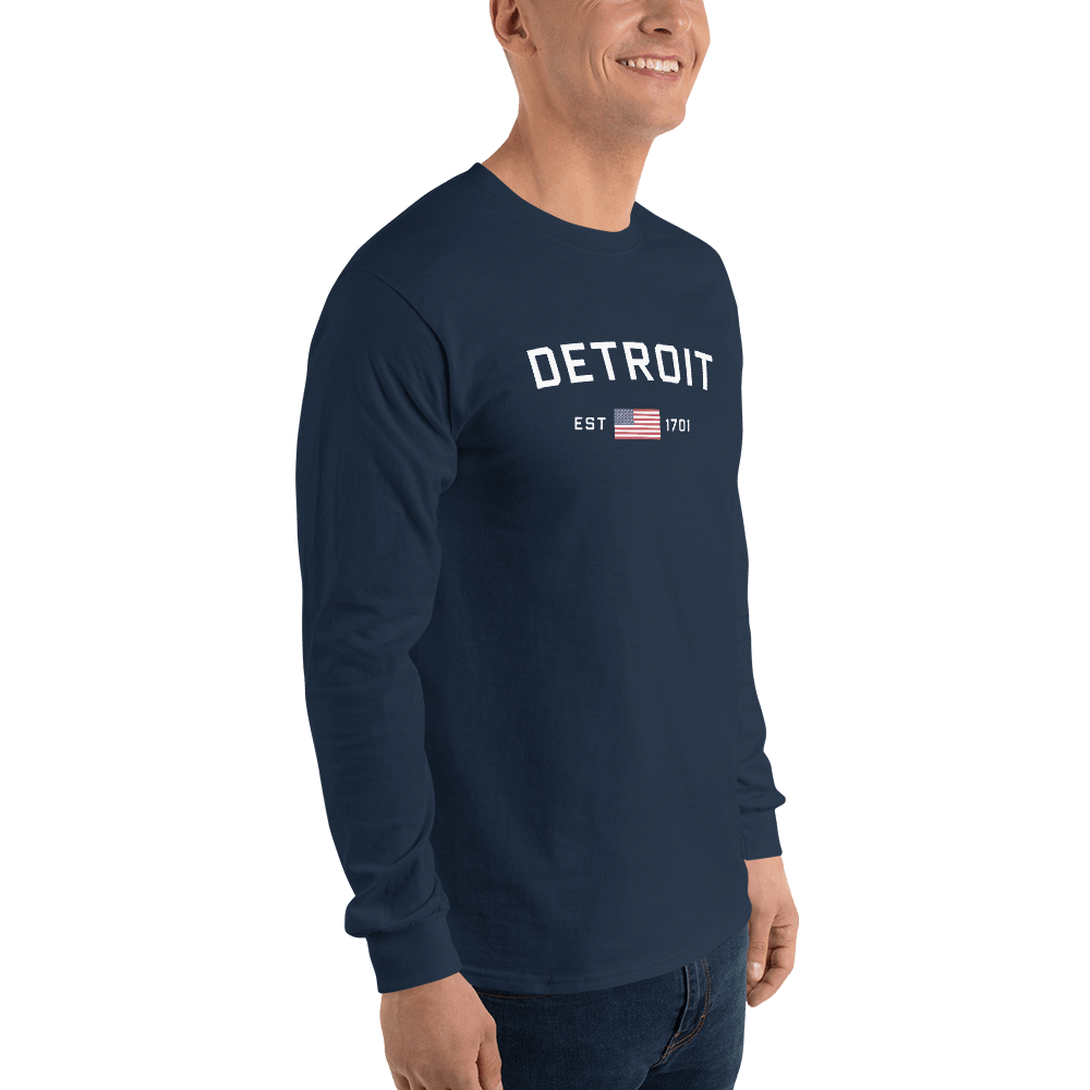 'Detroit EST 1701' T-Shirt (w/ USA Flag Outline) | Unisex Long Sleeve - Circumspice Michigan