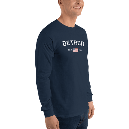 'Detroit EST 1701' T-Shirt (w/ USA Flag Outline) | Unisex Long Sleeve - Circumspice Michigan