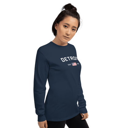 'Detroit EST 1701' T-Shirt (w/ USA Flag Outline) | Unisex Long Sleeve - Circumspice Michigan