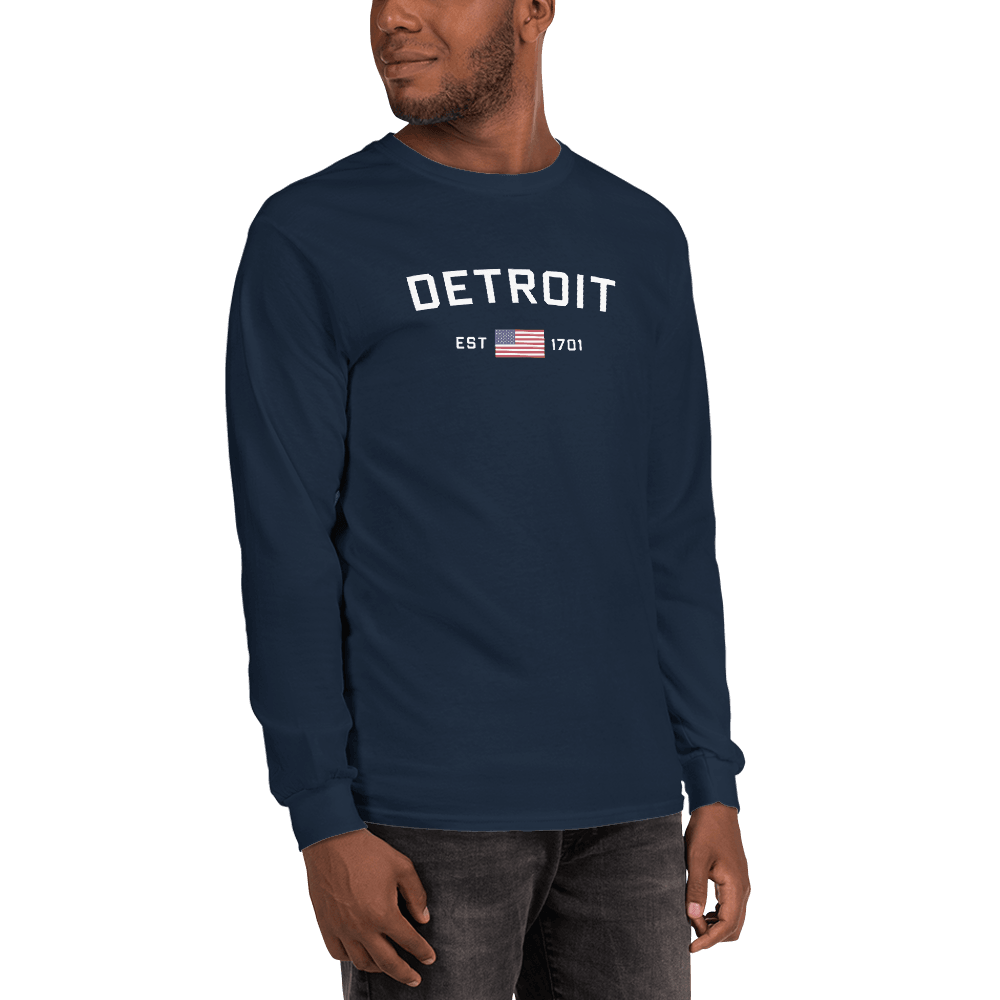 'Detroit EST 1701' T-Shirt (w/ USA Flag Outline) | Unisex Long Sleeve - Circumspice Michigan