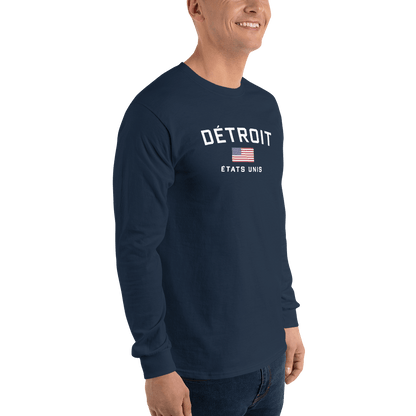 'Détroit États Unis' T-Shirt (w/USA Flag Outline) | Unisex Long Sleeve - Circumspice Michigan