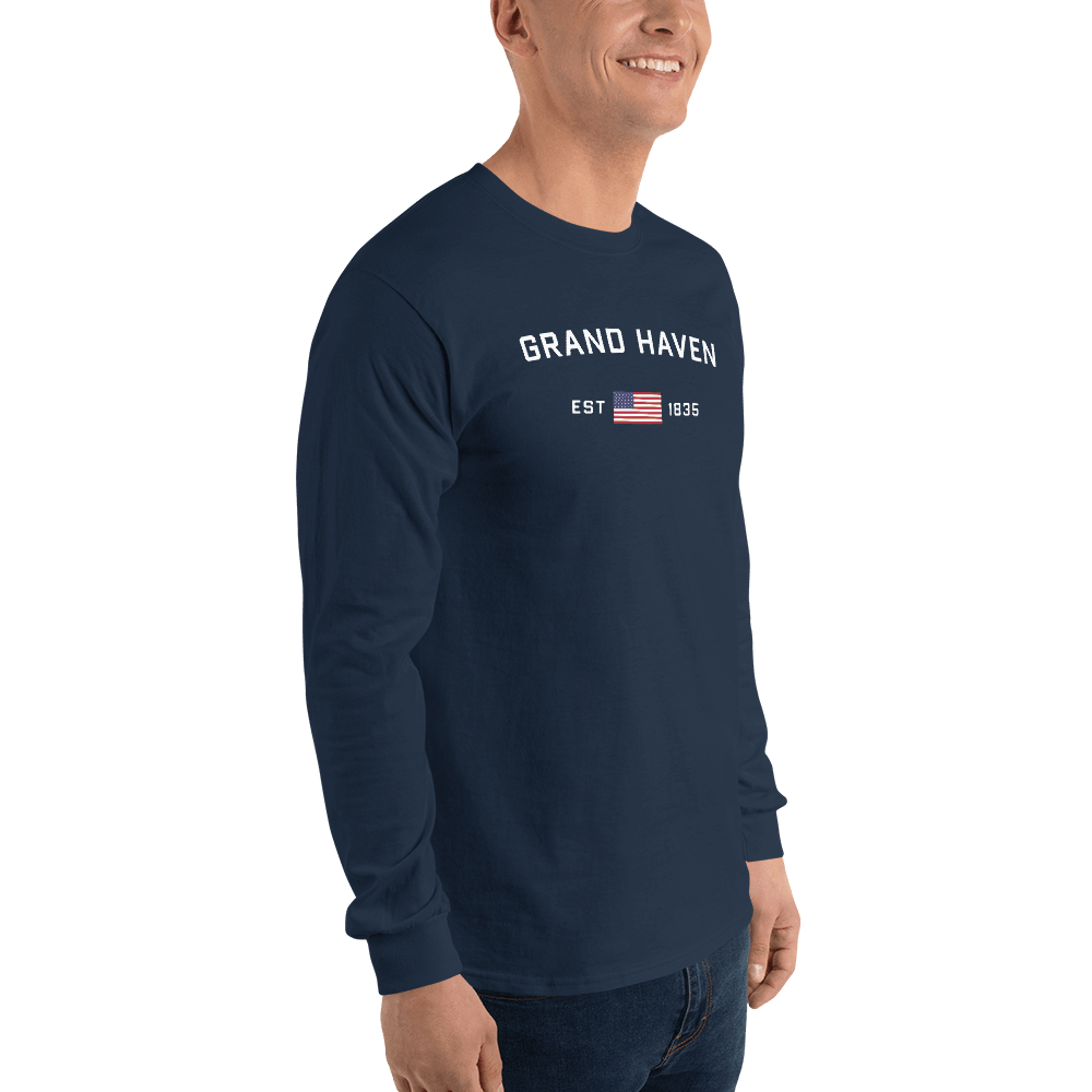 'Grand Haven EST 1835' T-Shirt (w/USA Flag Outline) | Unisex Long Sleeve - Circumspice Michigan