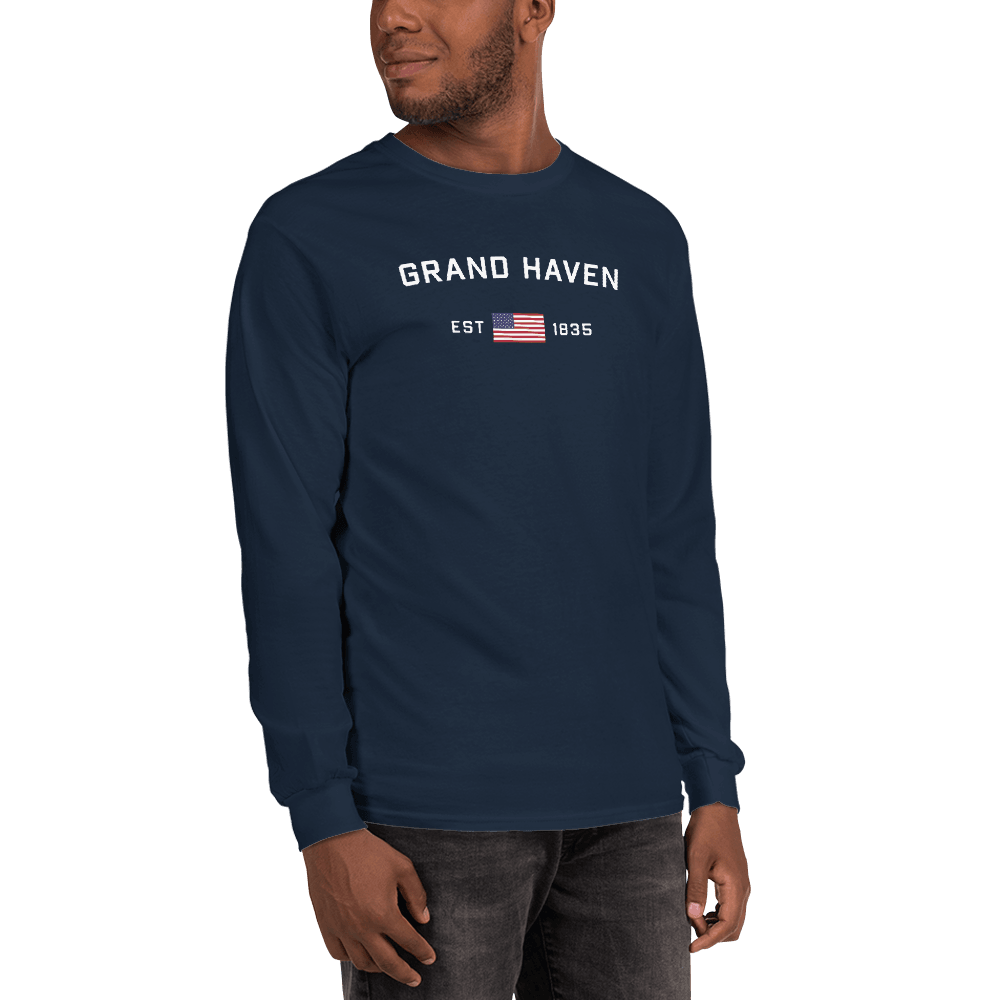 'Grand Haven EST 1835' T-Shirt (w/USA Flag Outline) | Unisex Long Sleeve - Circumspice Michigan