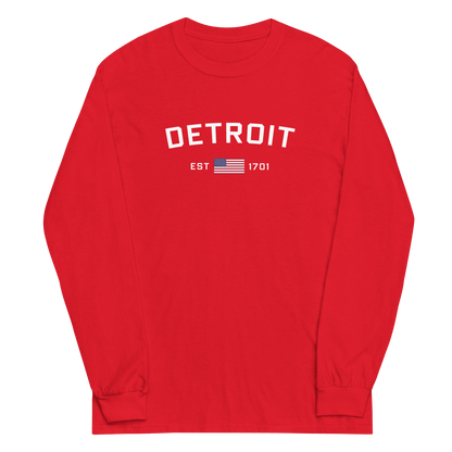 'Detroit EST 1701' T-Shirt (w/ USA Flag Outline) | Unisex Long Sleeve - Circumspice Michigan