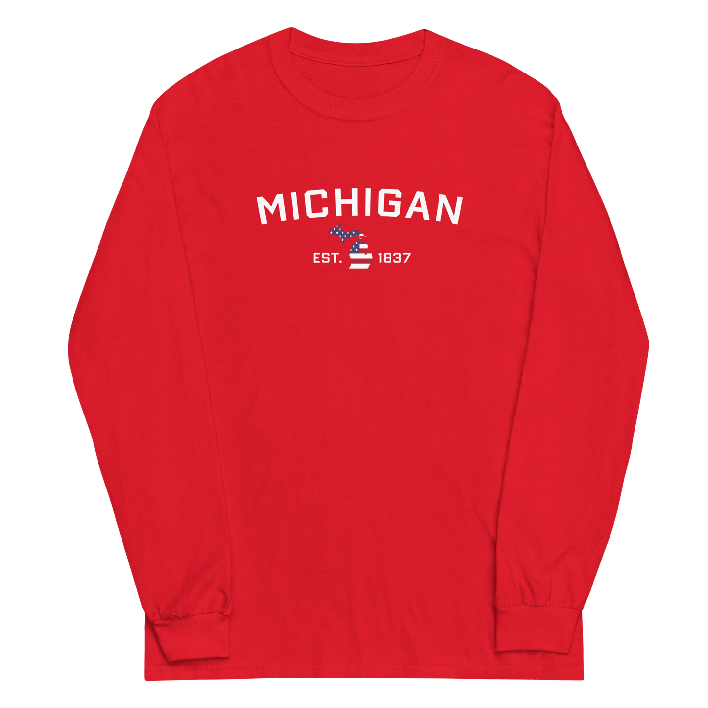 'Michigan EST 1837'  T-Shirt (w/ MI USA Flag Outline) | Unisex Long Sleeve - Circumspice Michigan