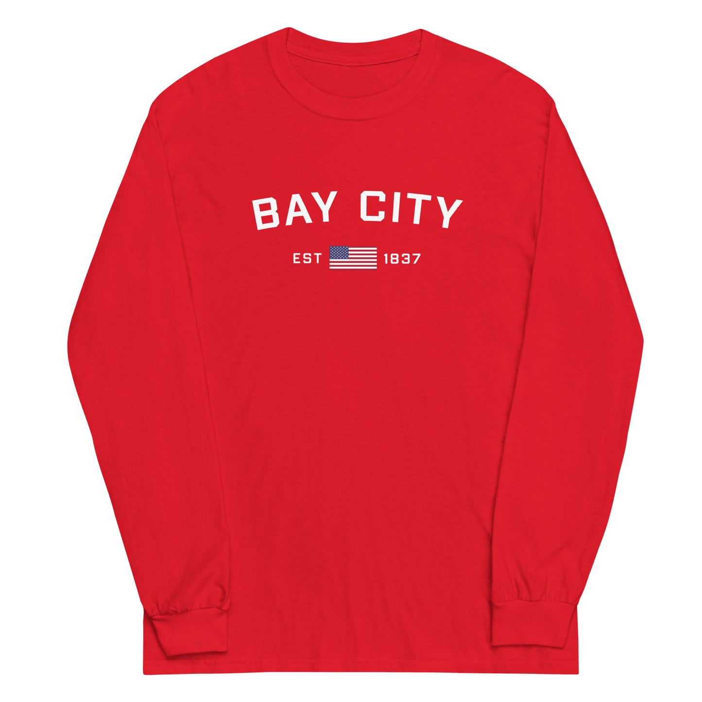 'Bay City EST 1837' T-Shirt (w/ USA Flag Outline) | Unisex Long Sleeve - Circumspice Michigan