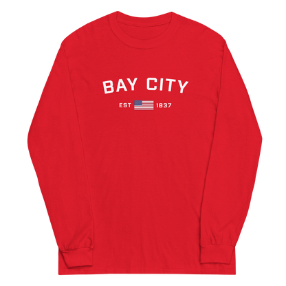 'Bay City EST 1837' T-Shirt (w/ USA Flag Outline) | Unisex Long Sleeve - Circumspice Michigan