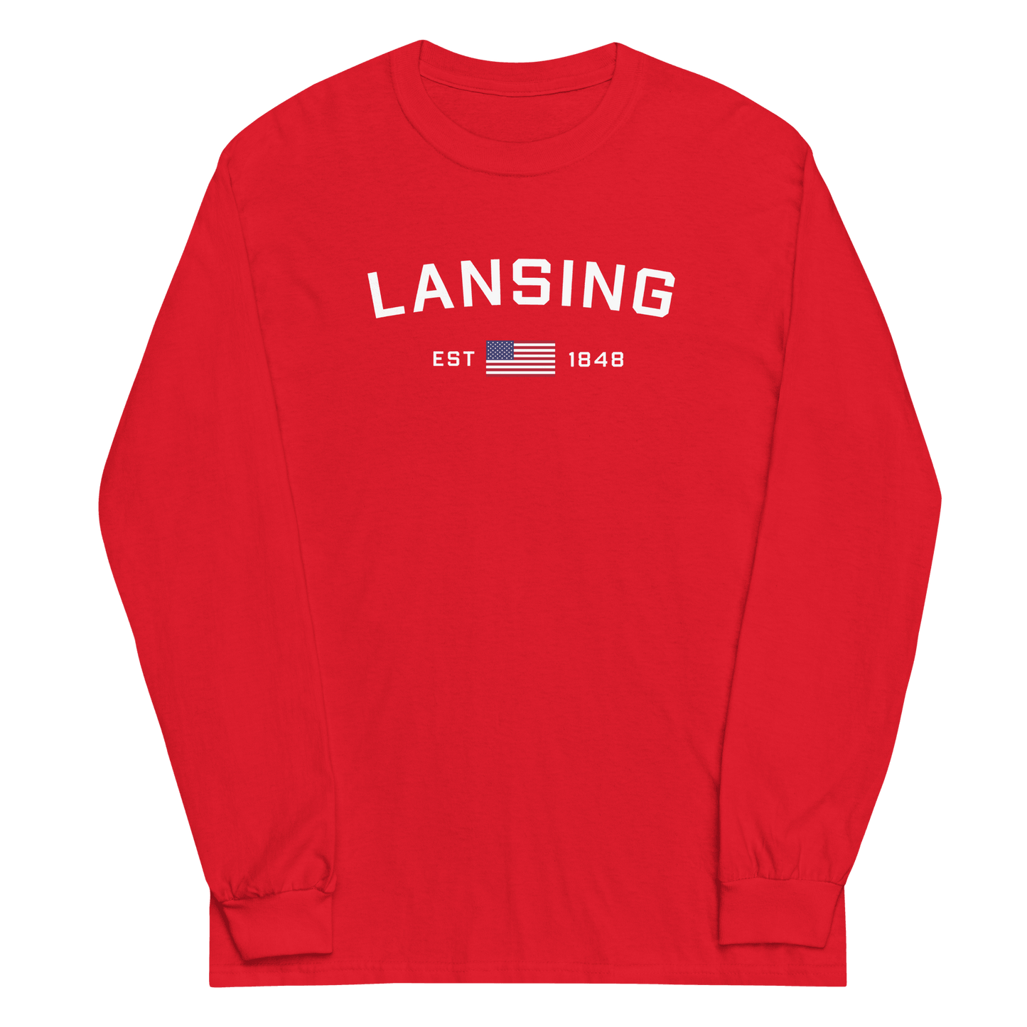 'Lansing EST 1848' T-Shirt (w/USA Flag Outline) | Unisex Long Sleeve - Circumspice Michigan