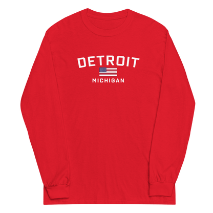 'Detroit Michigan' T-Shirt (w/USA Flag Outline) | Unisex Long Sleeve - Circumspice Michigan