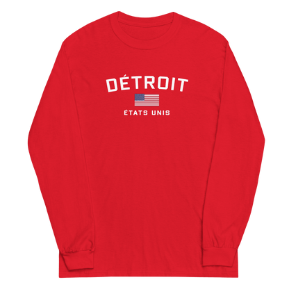 'Détroit États Unis' T-Shirt (w/USA Flag Outline) | Unisex Long Sleeve - Circumspice Michigan