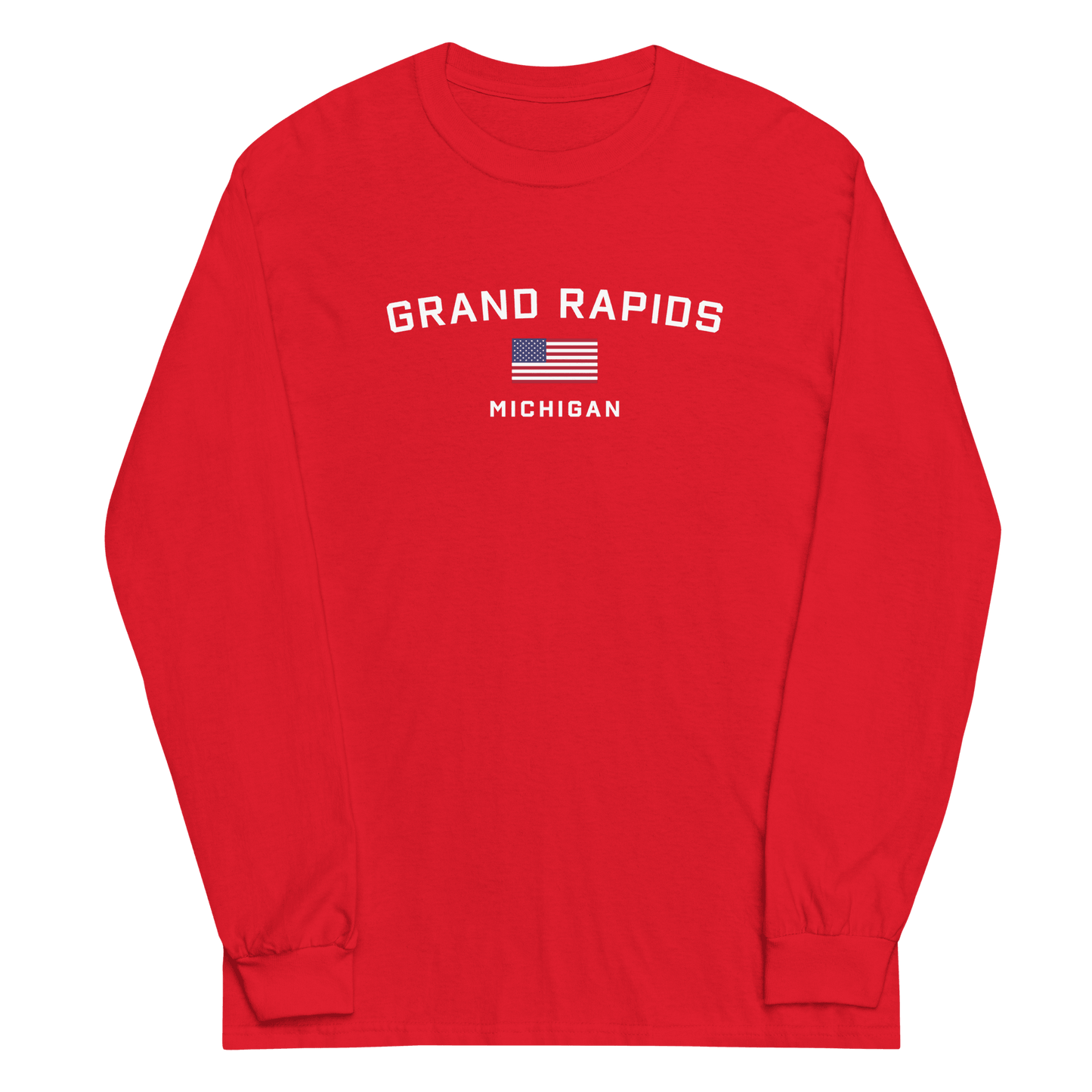 'Grand Rapids Michigan' T-Shirt (w/USA Flag Outline) | Unisex Long Sleeve - Circumspice Michigan